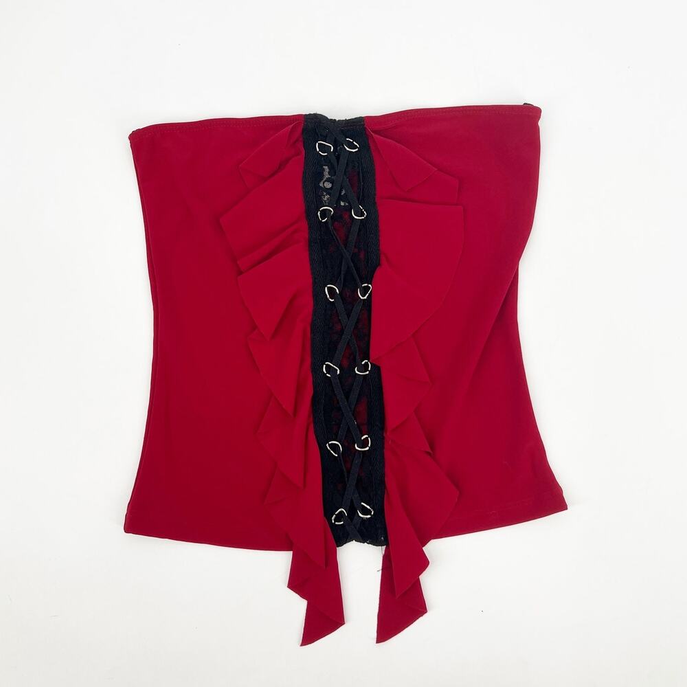 Y2k Vintage Lace Front Corset Strapless Tube Top Ruffle Red Size Small - Picture 6 of 6